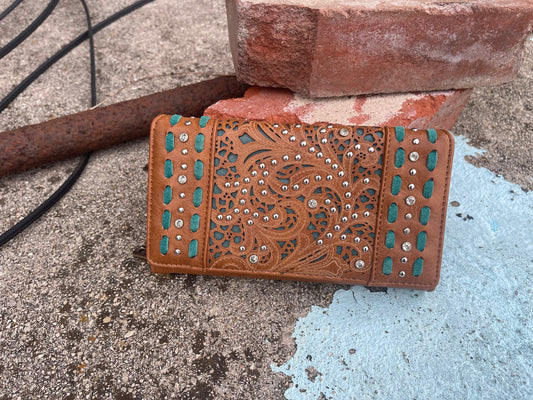 Montana West Brown Teal Tooled Wallet