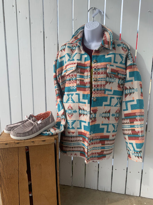 Blue B Jacquard Aztec Shacket -Teal