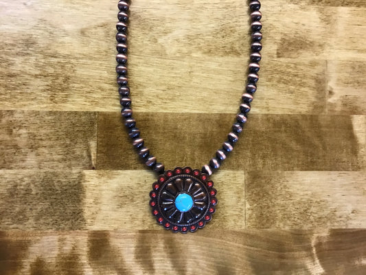 BEADED NECKLACE RED STONE CONCHO